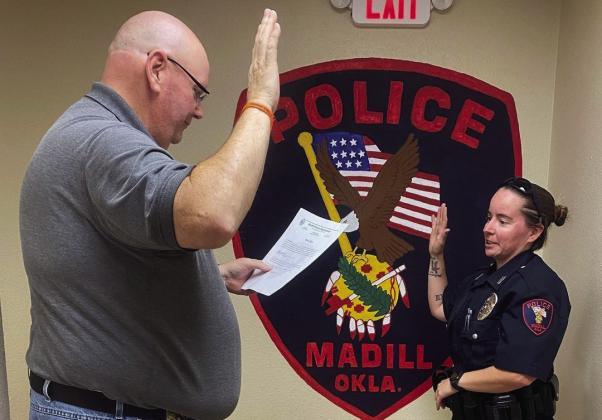 Interim Chief Donny Raley swears in Madill's newest Police Officer, Officer Rami Byfield.
