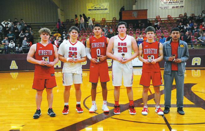 Crockett Uber • For The Madill Record Kingston and Madill boys basketball players made up four of the six all-tournament team spots of the Wampus Cat Classic All Tournament Team. From Kingston were Jase Hayes (14), Brady Brister (0) and Kaden Johnson (10). Madill’s Miguel Duran (far right) represented the Wilcats.