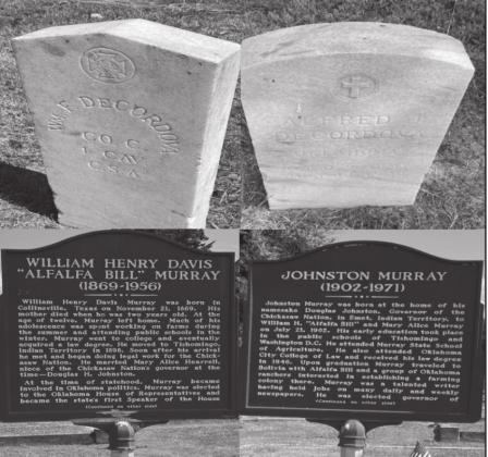 A tour of the Tishomingo cemetery found a few interesting sites. Above photos: the shape of the top of the headstone denotes if it is for a Confederate or a Union Soldier. Bottom photos: historical markers denote two former governors. Tom Stewart