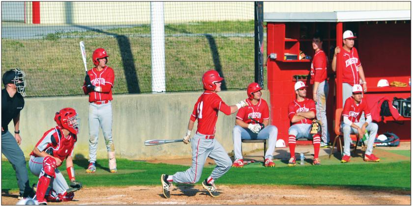 Kingston sophomore third baseman Gage Gill watches a hit early in his team’s March 9 game against Tishomingo. The game will be among a handful to be played in the 2020 season. Matt Caban • The Madill Record