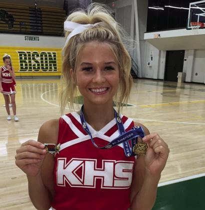 The Kingston cheer squad attended cheer camp on July 20. They brought home the Banana, five trophies and one plaque. They were also awarded superior on their sideline, cheer and dance. Chloe Cargal (below) was named All-American. Courtesy photo