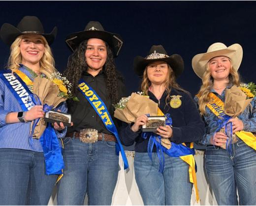 2026 Madill FFA Rodeo Royalty Court L to R: 2026 Rodeo Queen Runner Up - Zoey Goff; 2025 Rodeo Queen Bria Tyner; 2026 Rodeo Queen Winner - Hagan Hunt; 2026 Rodeo Royalty Candidate - Lea Schultz. Courtesy photo