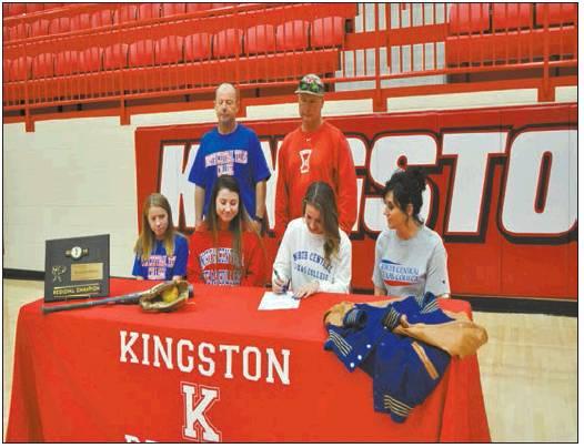 TOP RIGHT: Kingston senior Taylor Spence (center) signs her letter of intent to play softball at North Central Texas College in Gainseville Nov. 18 in the KMAC.