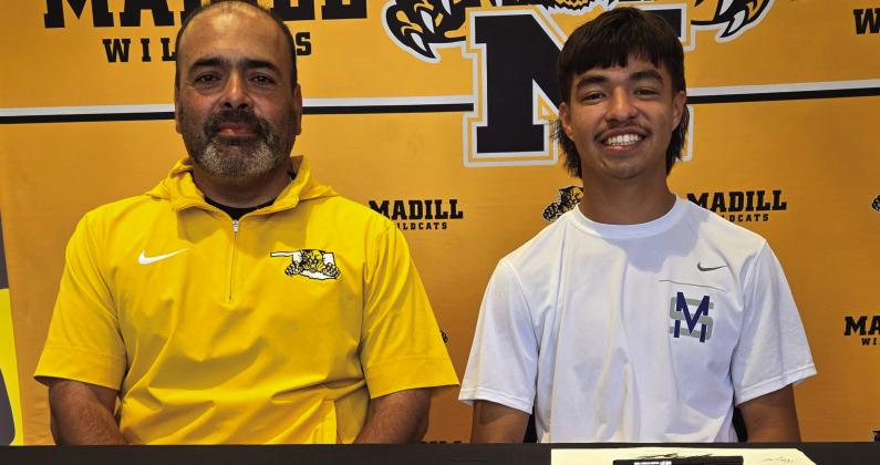 Madill senior goalie Miguel Fajardo signed a letter of intent on May 14 to play soccer at Murray State College. He was joined in a celebration ceremony by his family, friends, coaches and teammates. Top photo (l-r): Madill soccer head coach Jose Cortes and Miguel Fajardo. Bottom photo (l-r): (seated) Jose Fajardo, Miguel Fajardo and Ana Flores. (standing) Mateo Fajardo and Misael Fajardo.