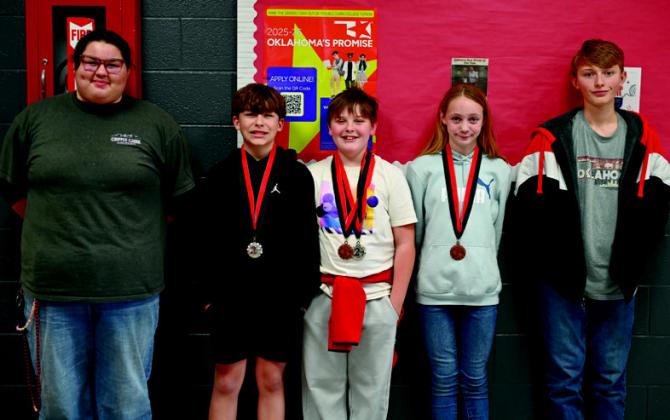 Qualifiers for OAAC Tournament of Champions (l to r) CharlotteArmstrong, Wyatt Hampton, Roman Hawkins, Raylee Meidinger, Ethan Austin. Not pictured are Ryder Hoffpauir and Camden Gorman. Courtesy photo