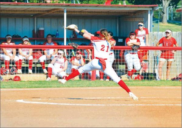 The Madill Record • Matt Caban TAYLOR SPENCE, senior pitcher for the Kingston Lady Redskins, winds up for a pitch in the third inning of her team’s August 12 game at the Sulphur Lady Bulldogs. The hosts went on to win the game 4-0. The Lady Redskins play next Friday, August 16 and Saturday, August 17 at the Rock Creek Tournament.
