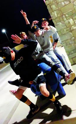 Madill baseball players Case Coble, Wylbe Roberts, Britton Goss and Aron Vann share a laugh earlier this season. Courtesy Photo.