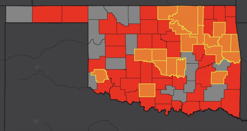 A map of Oklahoma Counties with positive COVID-19 cases are displayed in red. Those with COVID-19 deaths are highlighted in yellow. Photo courtesy of Oklahoma Department of Health