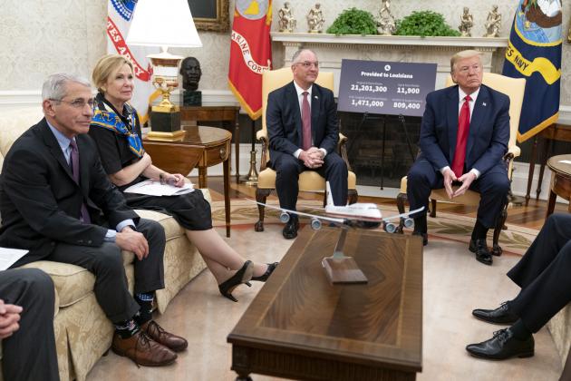 President Donald J. Trump meets with Louisiana Gov. John Bel Edwards Wednesday, April 29, 2020, in the Oval Office of the White House.(Official White House Photo by Shealah Craighead)