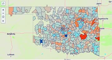 A color-coded map of active COVID-19 cases in Oklahoma.  (Paul Monies/Oklahoma Watch)
