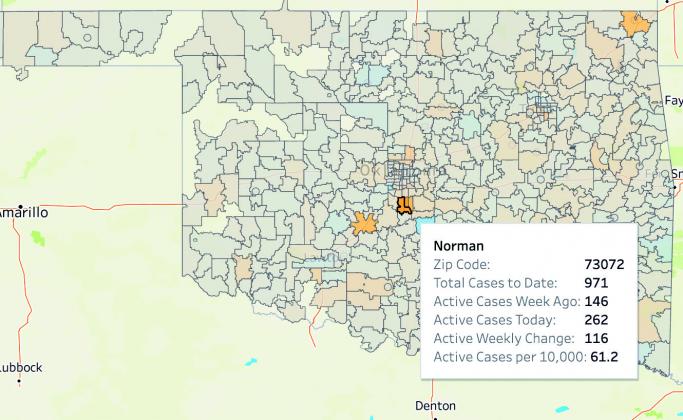 A color-coded map of active COVID-19 cases in Oklahoma. See the interactive map below to find the data for your zip code. (Paul Monies/Oklahoma Watch)