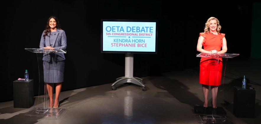 Oklahoma state Sen. Stephanie Bice, left, and U.S. Rep. Kendra Horn, right, pose before their televised debate Thursday night from the OETA studios. The debate between the contestants in the 5th Congressional race was sponsored by OETA, the Oklahoma City chapter of the League of Women Voters and Oklahoma Watch. (Photo provided).