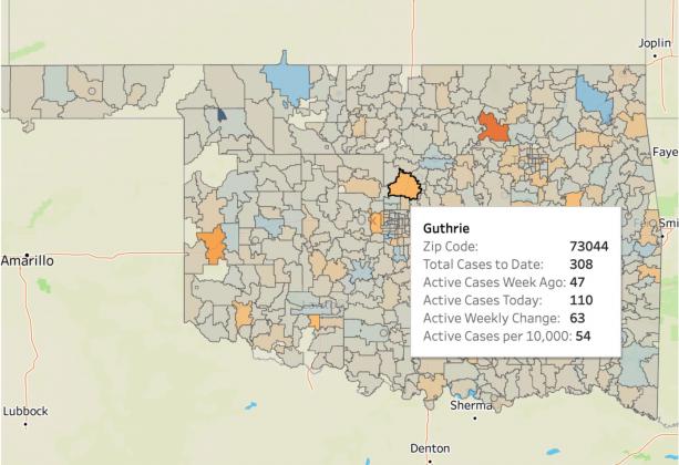 A color-coded map of active COVID-19 cases in Oklahoma. See the interactive map below to find the data for your zip code. (Paul Monies/Oklahoma Watch)