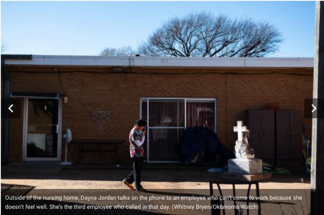Outside of the nursing home, Dayna Jordan talks on the phone to an employee who can’t come to work because she doesn’t feel well. She’s the third employee who called in that day. (Whitney Bryen/Oklahoma Watch)