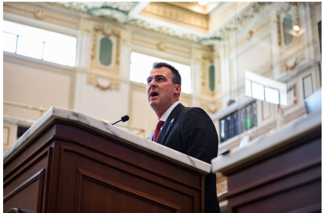 Oklahoma Gov. Kevin Stitt, shown here during his 2021 State of the State Address, on Wednesday signed into law a bill that prevents transgender girls and women from competing on female sports teams. A similar bill failed to advance last year in the Legislature. Several supporters of the measure said they were convinced to vote for it after University of Pennsylvania swimmer Lia Thomas, a trans woman, won a title at the national NCAA Women’s Division I championship in early March. (Whitney Bryen/Oklahoma Wat