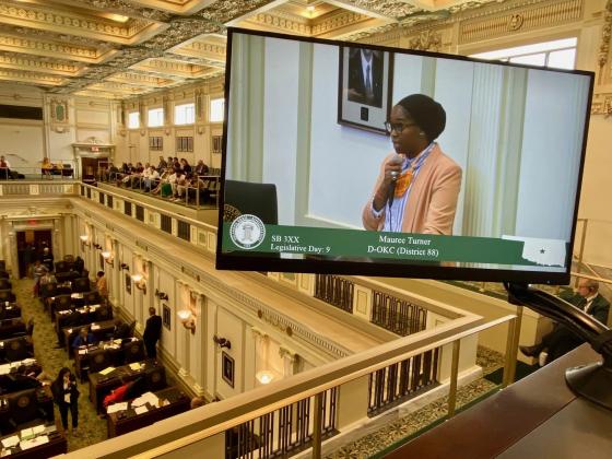 State Rep. Mauree Turner, D-Oklahoma City, debates against a bill that would limit gender-affirming care during a special session of the Oklahoma Legislature on Thursday, Sept. 29, 2022. Turner is the only nonbinary member of the Legislature. (Paul Monies/Oklahoma Watch)