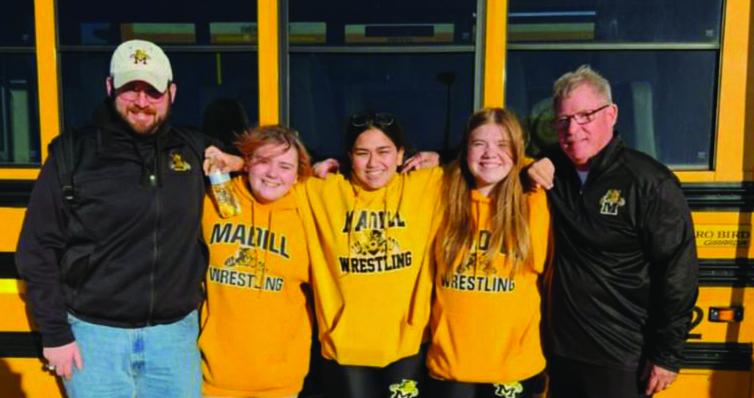 Assistant coach Austin Pettigrew, Maddie Barrow, Morgan Walls, Maddie Ritchie and head coach Jim Love. (Courtesy photo)