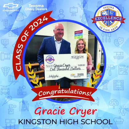 Kingston senior Gracie Cryer was awarded the $1,000 Texoma Excellence in Fine Arts Scholarship on April 3. (Courtesy photo)