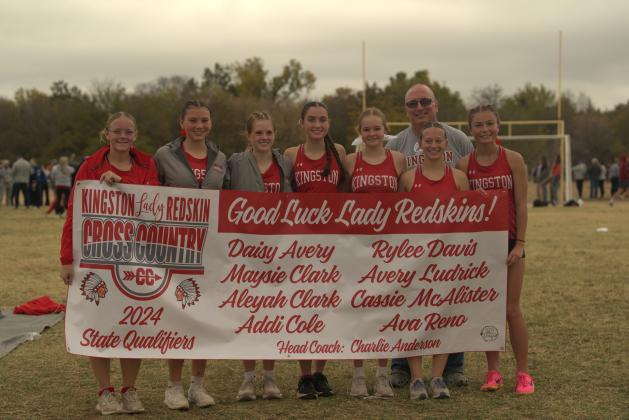 The Kingston High School girls cross country placed 8th in the state meet. From left to right: Cassie McAlister, Aleyah Clark, Avery Ludrick, Rylee Davis, Daisy Avery, Addi Cole, Ava Reno and Maysie Clark.(Photo courtesy of Alyssa Langford • Kingston Media)