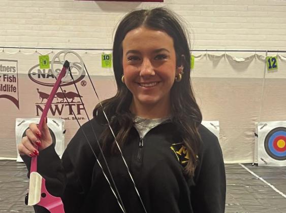 Two Madill archery team members placed in the Maysville Tournament on January 27. Pictured left: Colby Lambertsen was the Top MHS Male Archer with a 289. Pictured right is Emma Roberts who was the Top MHS Female Archer with a 268. Courtesy photos