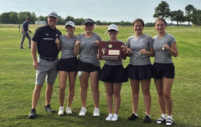 Tishomingo High School Lady Indians golf team members 2024-25, from left: Coach Kirk LaFevers, Kara LaFevers, Tahlor Estep, Cali Northcutt, Carli Upton and Erica Cabaniss. Courtesy photo