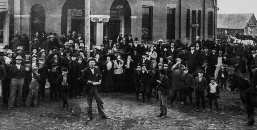 Kingston Pumpkin Pie Day 1908. The crowd descends on Kingston on December 5, 1908, for the first annual Kingston Pumpkin Pie Day. Most of those in the picture are holding plates or slices of pumpkin pie. Courtesy photo