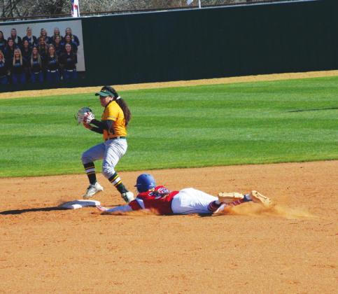 Courtesy Photo Murray State College sophomore C.J. Crane slides into second base in the first game of the Aggies double header versus Paris Junior College on February 21st. The Aggies defeated the Dragons 9-1 in the first game before shutting them out 10-0 in the second game of the day, improving their record to 9-1 this season.