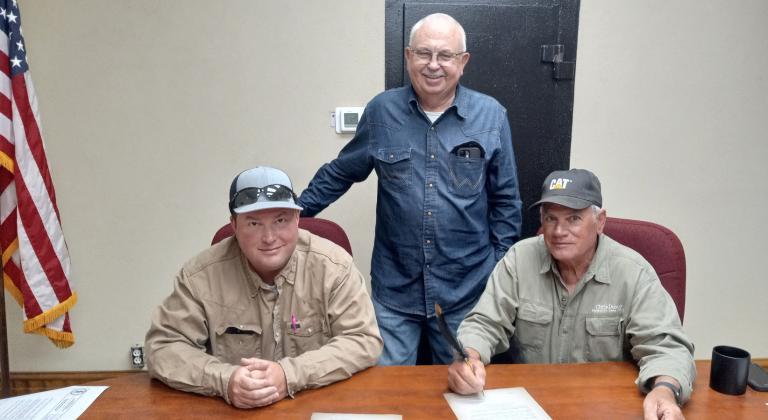 The MC Commissioners proclaimed Marshall County as a Purple Heart county. (L-R): Commissioner Nick Hartin, Veteran Bruce Page and Commissioner Chris Duroy. Courtesy photo
