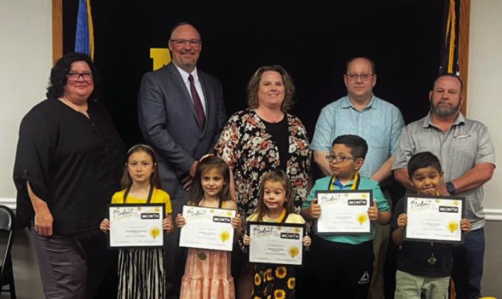The Madill ECC April students of the month are Valeria Guevara, Amelia Drain and Andrew Rivera, Kindergarten; Alessandra Polster and Javier Mora, 1st grad. Courtesy photo