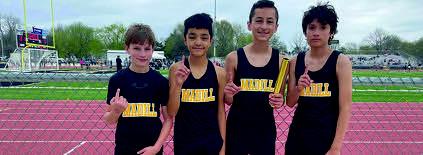 Kamden Martin, Alex Gonzalez, Jayden Barbosa and Josue Sanchez of the Madill Middle School track team took 1st place in the 4x800 6th grade relay race at the MMS track meet on March 23. Courtesy photo