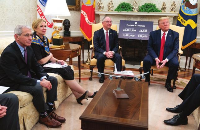 President Donald J. Trump meets with Louisiana Gov. John Bel Edwards April 29 in the Oval Office of the White House. At left are Dr. Anthony Fauci, Director of the National Institute of Allergy and Infectious Diseases and Dr. Deborah Birx, United States Global AIDS Coordinator, Response coordinator for White House Coronavirus Task Force Shealah Craighead • Official White House Photo