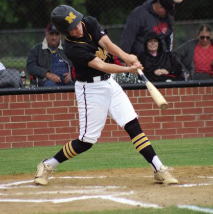 Madill Wildcats baseball beat Tishomingo 11-3 on April 24 and beat Colbert 13-6 on April 21. Above: Reign Scasta hits the ball during the Madill v Tishomingo game. Summer Bryant