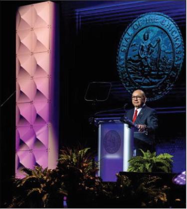 Chickasaw Nation Governor Bill Anoatubby delivers the 2022 State of the Nation address during last year’s Chickasaw Annual Meeting and Festival.