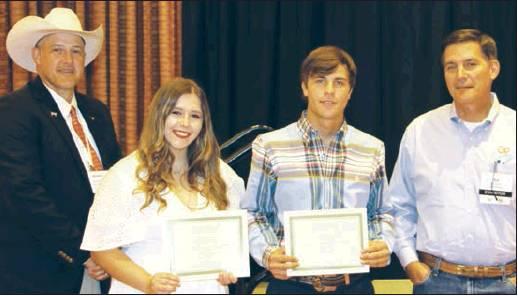 Courtesy Photo Great Plains Kubota presented 2, $1,000 scholarships during the closing general session of the Oklahoma Cattlemen’s Association Convention and Trade Show. Recipients were Jori Cowley from Vinita and Will Shelby from Madill. Pictured (L to R): OCA President Mike Weeks, Jori Cowley, Will Shelby and Bill Clark, representing Great Plains Kubota.
