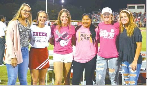 Lori Robinson The Madill Record Senior Lady Redskin softball players, (LtoR) Tyla Bohannon, Makayla Seeney, Torin Brown, Koby Lewis, Danna Wagnon and Taylor Spence were recognized at Friday night’s football game against the Davis Wovles.