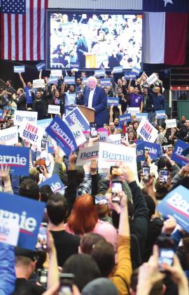 Bernie Sanders speaks to the crowd at the Mesquite Rally on February 14, 2020. Matt Caban• The Madill Record