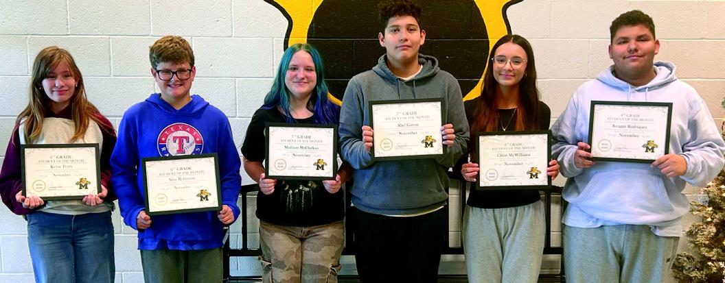 Courtesy photo The Madill Middle School November Students of the Month are Kelsie Perry and Silas Robinson, 6th grade; Madison McClurkan and Abel Garcia, 7th grade; Chloe McWilliams and Keagan Rodriguez, 8th grade.