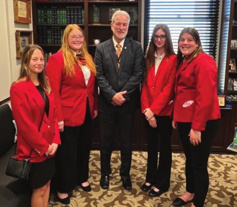 Four Kingston students participated in the FCCLA FCS Day on February 9, 2022. From left to right: Ava Reno, Allie Hartin, Representative Tommy Hardin, Kinley Reeves and Hannah Riggs. Courtesy photo