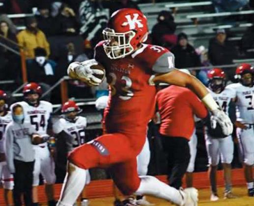 Kingston running back Brandon Watson (#33) breaks free on third down for his second of three touchdowns against Pauls Valley. Linda Holmes