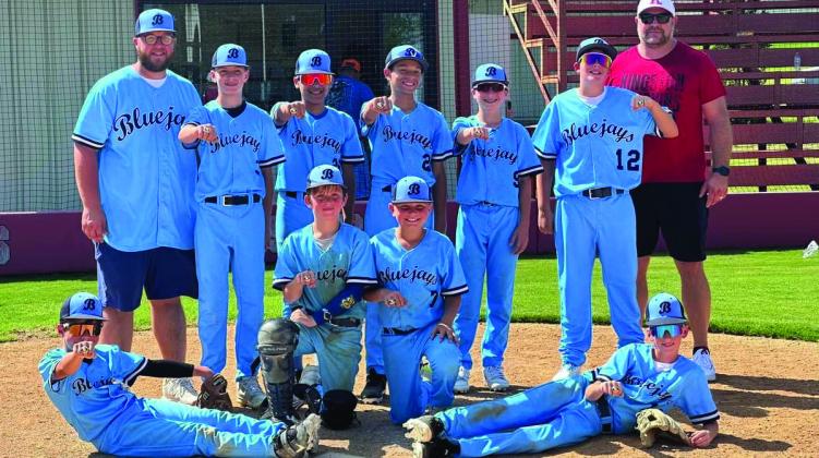 The Blue Jays won the Kingston 12U championship on June 8 by beating the Texoma Homers. Back row: Coach Justin Williams, Kam Martin, Derek Gomez, Slayde Grammer, Jace Massey, Hayden Hill and Coach Joe Massey. Front row: Jaren Dodd, Bentley Watkins, Kash West and Rylan Stuckey. Not pictured: Logan Williams, Landry Williams, Hamilton Raley and Coach Addison Johnson. Courtesy photo