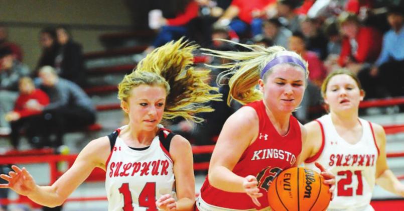 Emi O’Steen races down the court during the Kingston v Sulphur game on February 5, 2021. They won 58 to 36. Crockett Uber
