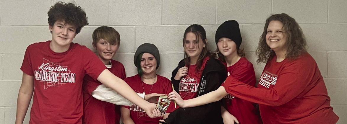 The KMS Academic Team is heading to state after they travelled to Lawton to compete in the Oklahoma Junior Academic Bowl Association Regional Tournament. The team took third place after five grueling rounds. Members of the team are team captain Parker Huffaker, Malachi Dixon, Ethan Austin, James Burris, Kira-Jo Ferguson, Emma Foster, Zelda Hathaway, Matthew Hawkins, Elijah Meeks, Ellie Monroe, Dyson Pagan, Rylee Richardson, Remington Taylor and Emma Wirick. Courtesy photo