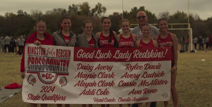 The Kingston High School girls cross country placed 8th in the state meet. From right to left: Cassie McAlister, Aleyah Clark, Avery Ludrick, Rylee Davis, Daisy Avery, Addi Cole, Ava Reno and Maysie Clark. Photo courtesy of Alyssa Langford • Kingston Media