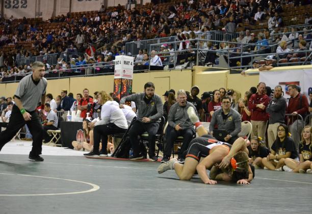 Matt Caban The Madill Record Madill seniors John Venable faces Cushing’s Hayden Fry in the Championship Quarterfinal round of the 2020 Class 4A State Wreslting Championship at the Oklahoma State Fairground Arena. Fry defeated Venable in a 11-4 decision.