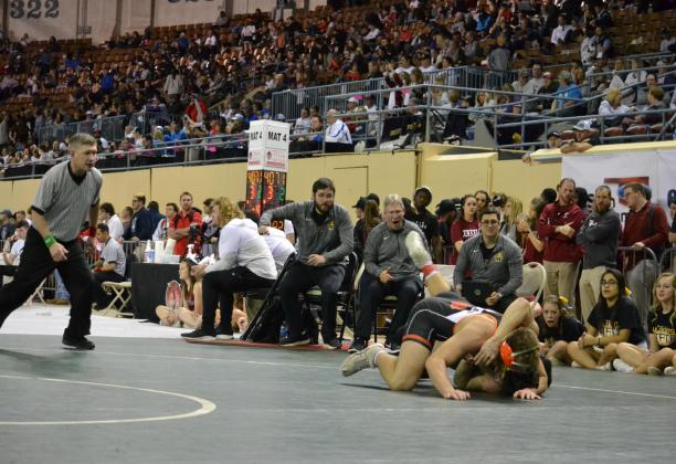 Matt Caban The Madill Record Madill seniors John Venable faces Cushing’s Hayden Fry in the Championship Quarterfinal round of the 2020 Class 4A State Wreslting Championship at the Oklahoma State Fairground Arena. Fry defeated Venable in a 11-4 decision.