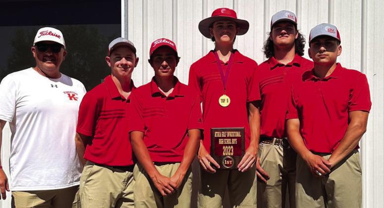 The Kingston Golf team took first place at the Atoka Golf Tournament on April 14. Aaron Ellis placed in the top five. From left to right: Coach Clayton Hodges, Thomas Hawkins Dawson Holder, Aaron Ellis, Luke Easley and Sammy McNiel. Courtesy photo