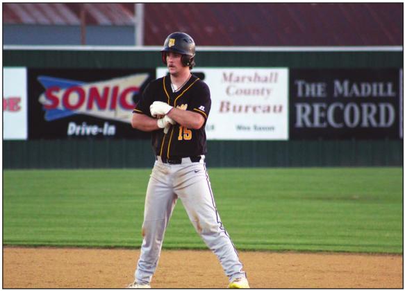 Coty Tweedy after a stolen base against Ardmore. Glenn Price • The Madill Record