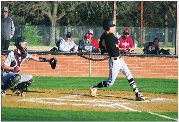 Case Coble getting one of his two hits against Ardmore. He was 2 for 2 with two walks and a run scored and an RBI. Glenn Price • The Madill Record