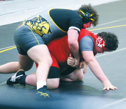 Madill junior Griffon Williams pinned Sulphur’s Kaden Pranther to claim victory in their 285 pound match on Feb. 11. Sulphur claimed a 37-36 win due to a tiebreaker. Following the loss, the Wildcat wrestling team finished the regular season with a 4-9 record. Glenn Price • The Madill Record