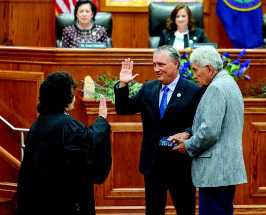 Chickasaw Nation Lt. Governor Scott Wood takes his oath of office, administered by Chickasaw Nation Supreme Court Chief Justice Cheri Bellefeuille-Gordon, Courtesy photo